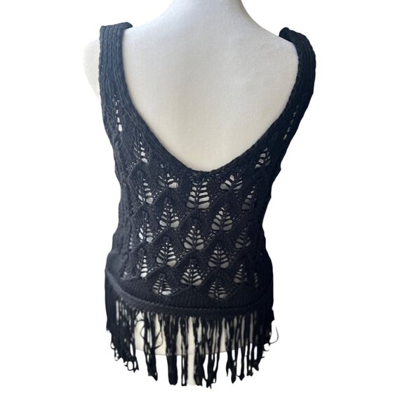 Zara Black Boho Open Weave Knit Crochet Fringe Tank Top Small - Picture 4 of 16